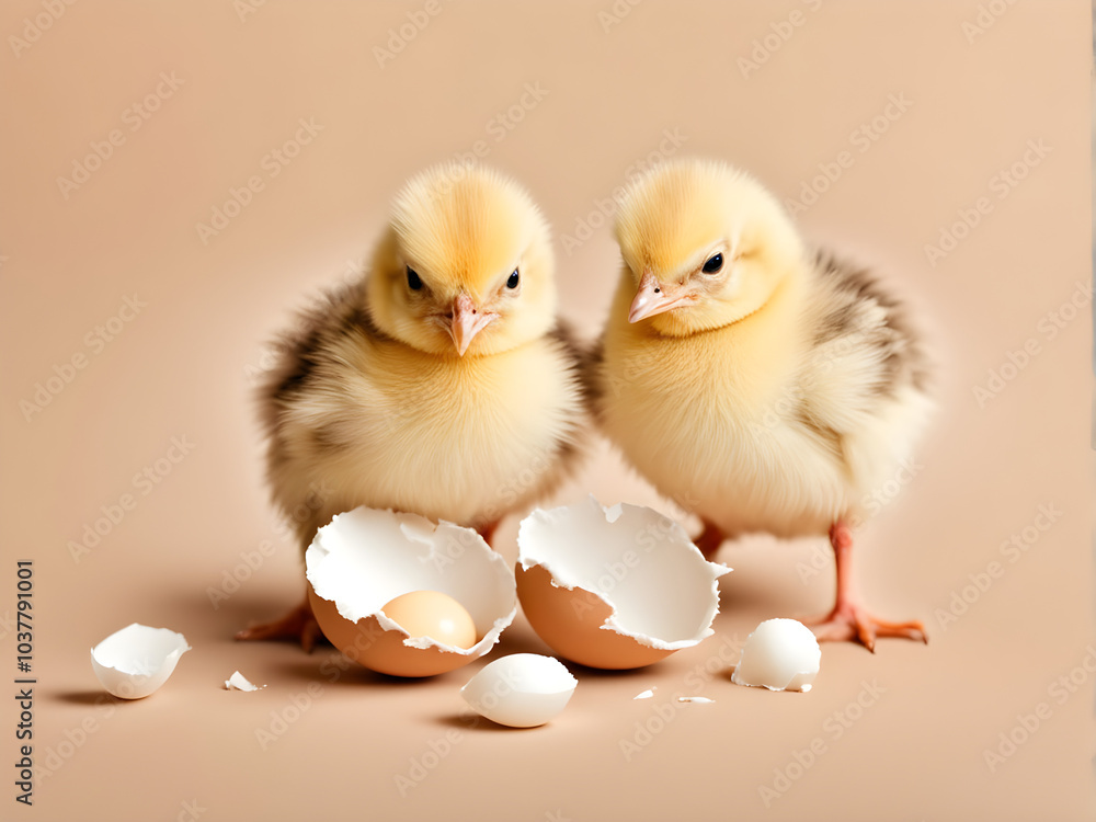 Two cute chicks and pieces of eggshell on beige background, closeup with space for text. Baby animals Two cute chicks and pieces of eggshell on beige background, closeup with space for text. Baby animals