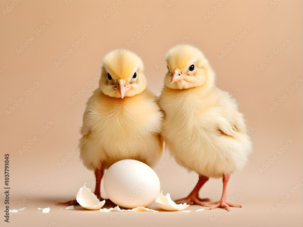 Two cute chicks and pieces of eggshell on beige background, closeup with space for text. Baby animals Two cute chicks and pieces of eggshell on beige background, closeup with space for text. Baby animals