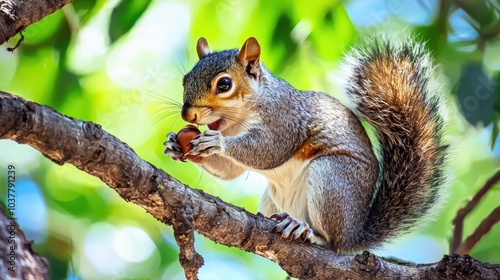 Squirrel Nibbling on Nut While Perched on Tree Branch