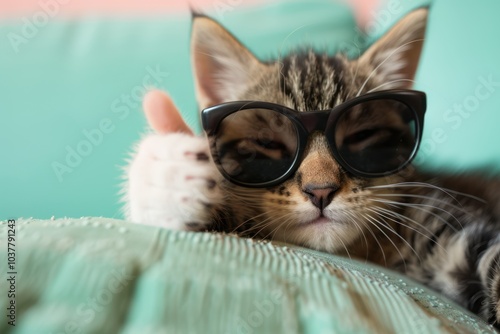 Cool Cat: Funny Pet Wearing Sunglasses and Giving a Thumbs Up on a Peach Fuzz Background photo