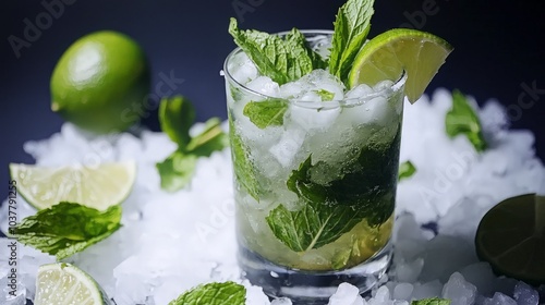 Refreshing mojito cocktail with lime and mint garnishes served on ice.