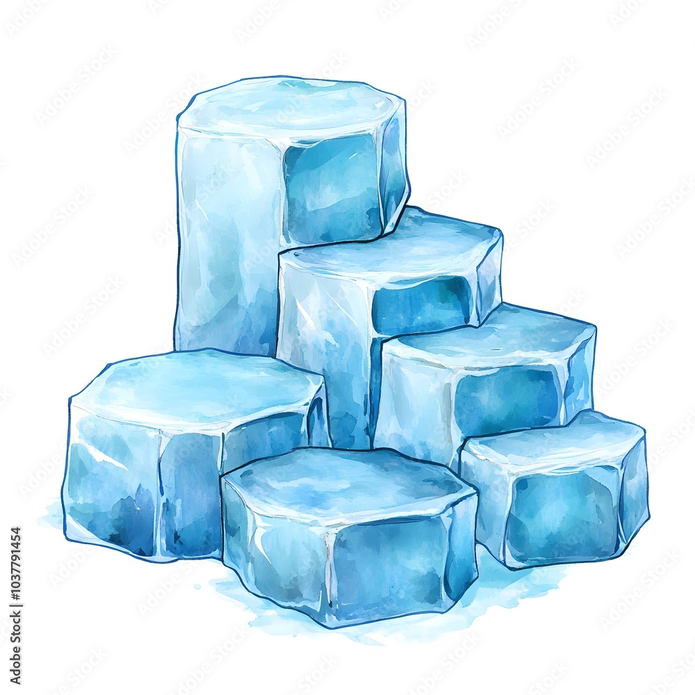 Watercolor Ice Cubes Stack Isolated on White Background Watercolor Ice Cubes Stack Isolated on White Background