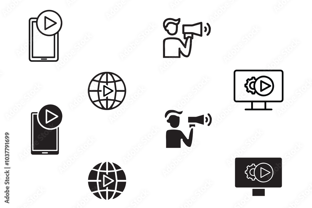 Digital marketing web icon set. Vector illustration of megaphone, advertising, online video, media social, mobile, goal or target, communication, influence, campaign, public, marketing, e commerce. Digital marketing web icon set. Vector illustration of megaphone, advertising, online video, media social, mobile, goal or target, communication, influence, campaign, public, marketing, e commerce.