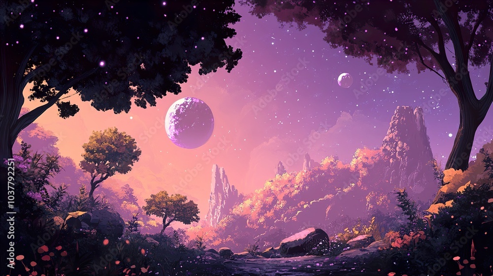 Dreamy Fantasy Landscape with Stars and Planets Dreamy Fantasy Landscape with Stars and Planets