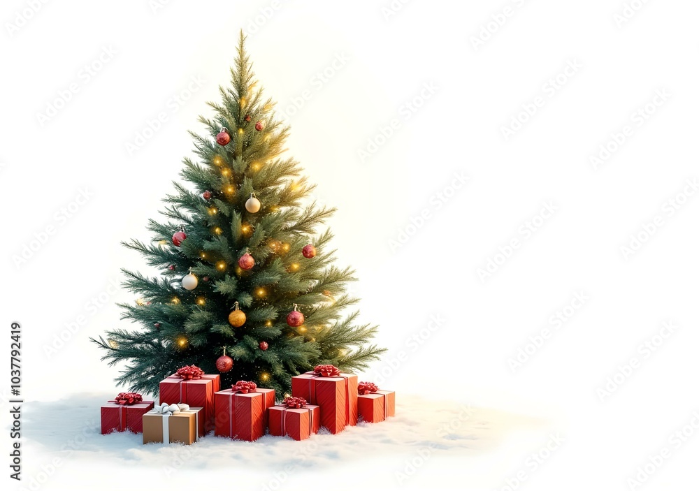 Christmas tree isolated on the white background, white snow, Christmas tree and Gift boxes. Christmas tree isolated on the white background, white snow, Christmas tree and Gift boxes.