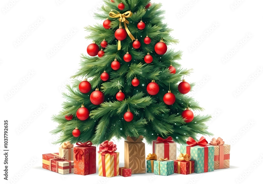 Christmas tree isolated on the white background, white snow, Christmas tree and Gift boxes. Christmas tree isolated on the white background, white snow, Christmas tree and Gift boxes.