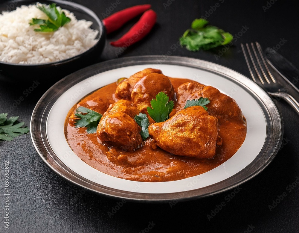 Makhani chicken on a plate on a black table Makhani chicken on a plate on a black table