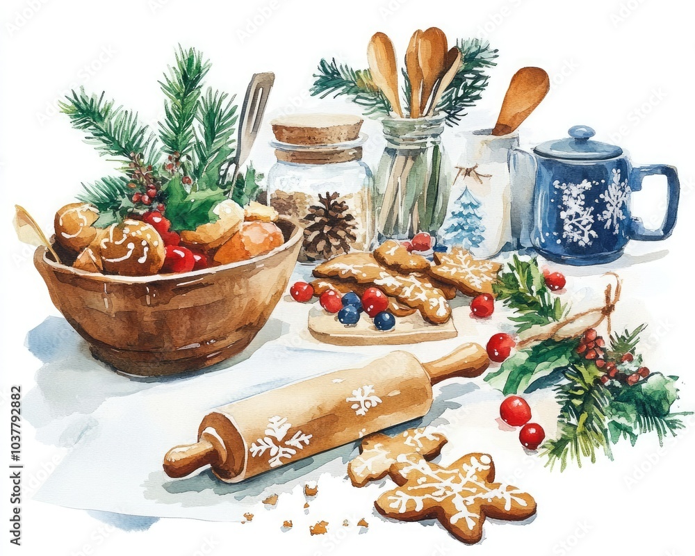 A cozy Christmas setup featuring baking essentials, holiday decorations, and delicious gingerbread cookies ready for celebration. A cozy Christmas setup featuring baking essentials, holiday decorations, and delicious gingerbread cookies ready for celebration.