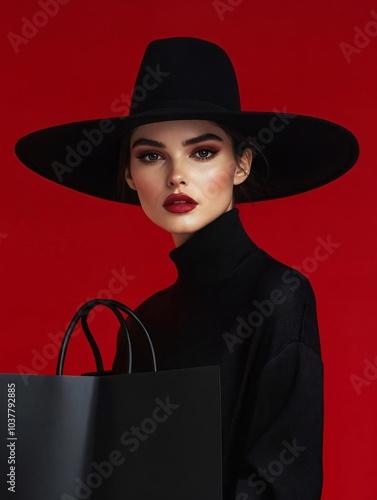 Elegant Woman in Wide-Brimmed Hat with Shopping Bag on Vibrant Red Background for Fashion Advertisement photo