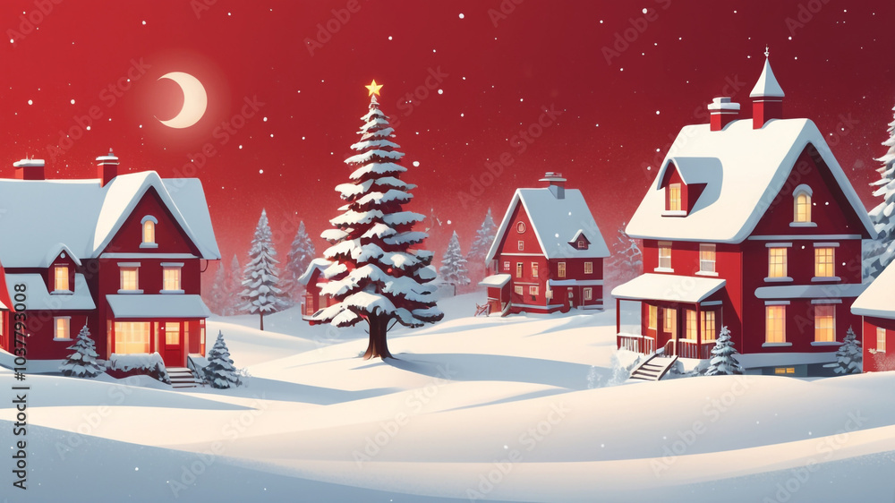 Fototapeta premium Enchanting Holiday Scene with Christmas Tree and Snow-Covered Homes