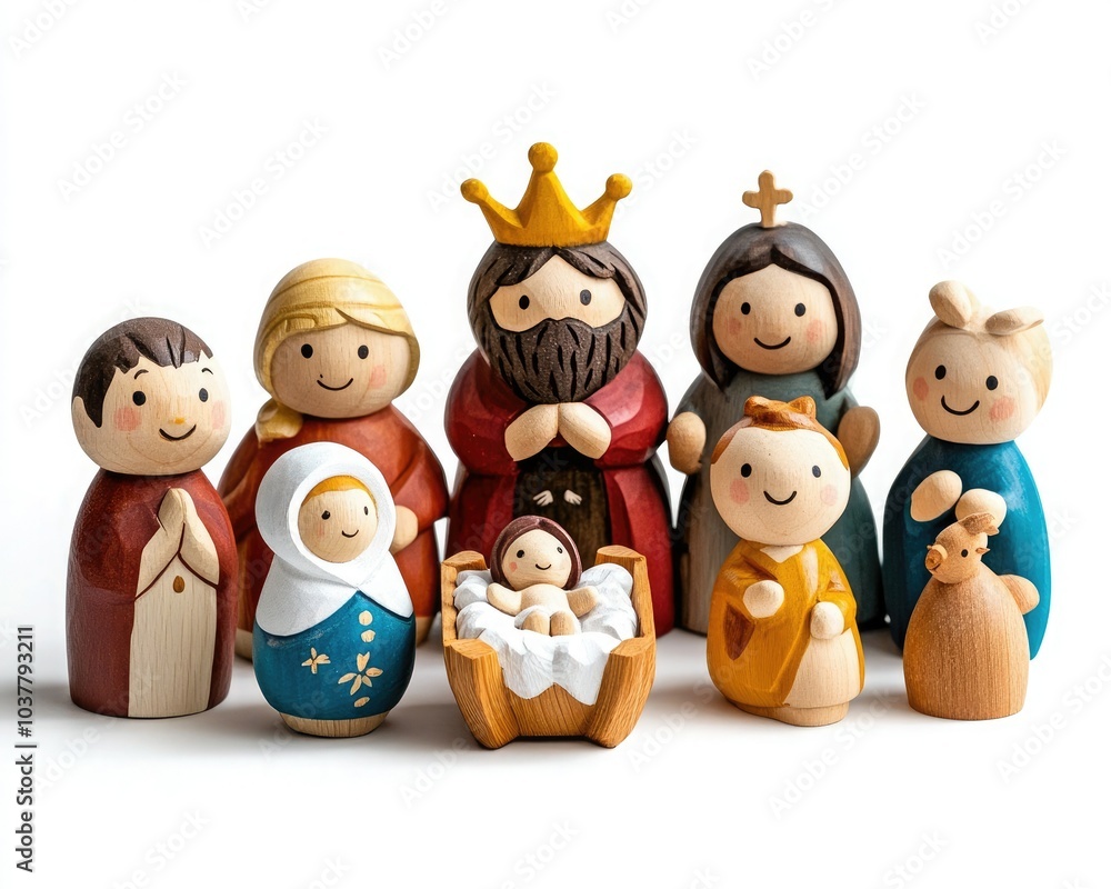 Fototapeta premium Beautiful wooden nativity scene figures, depicting the birth of Jesus with family and animals, perfect for festive decorations.
