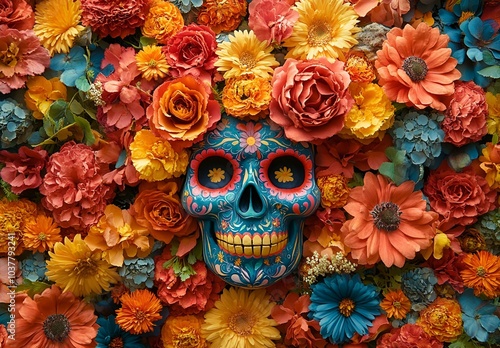 Skull Set Against a Floral Background. 