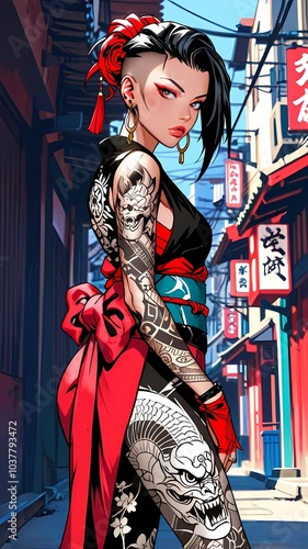 A Fearless japanese girl With Tattoos and a Bold Style Stands in the Heart of the City photo