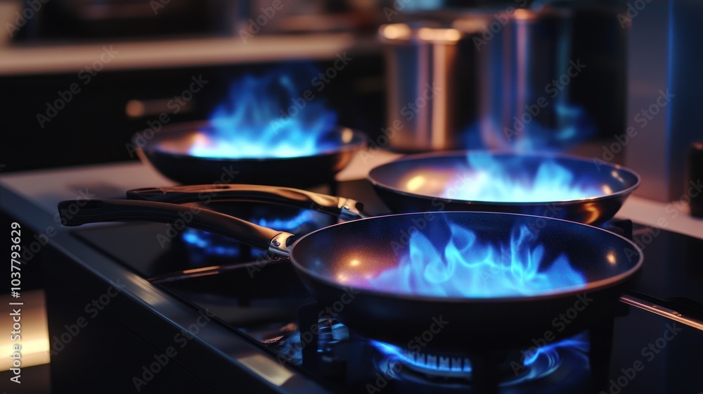 Three Pans on a Stovetop with Blue Flames Three Pans on a Stovetop with Blue Flames