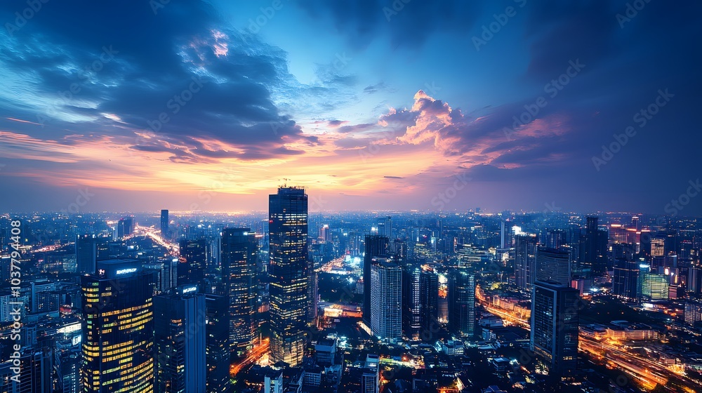 Business concept for information, communication , connection technology - panoramic modern city skyline bird eye aerial view under dramatic glow and beautiful dark blue sky. Business concept for information, communication , connection technology - panoramic modern city skyline bird eye aerial view under dramatic glow and beautiful dark blue sky.