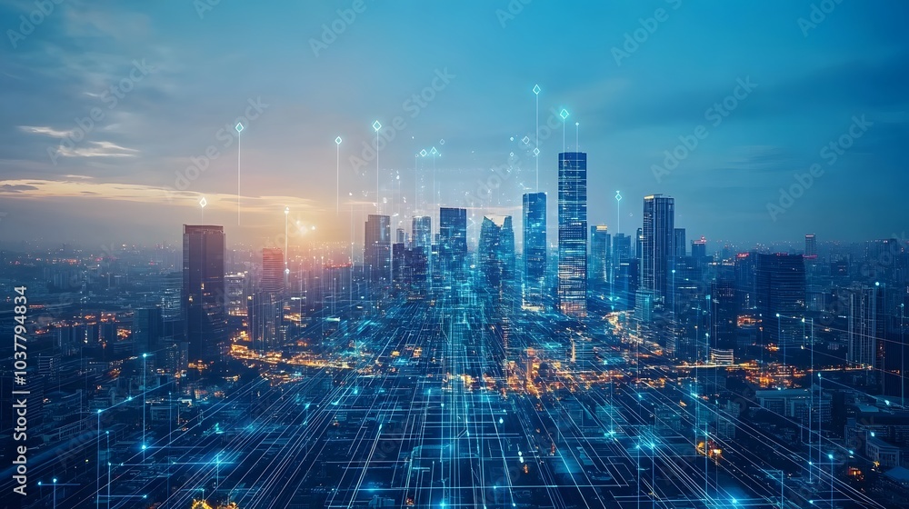 Fototapeta premium Business concept for information, communication , connection technology - panoramic modern city skyline bird eye aerial view under dramatic glow and beautiful dark blue sky.