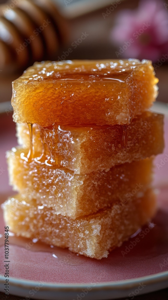 A deconstructed honey cake served as small rectangular slices stacked on a plate, with honey glaze dripping down the sides against a vibrant fuchsia background.