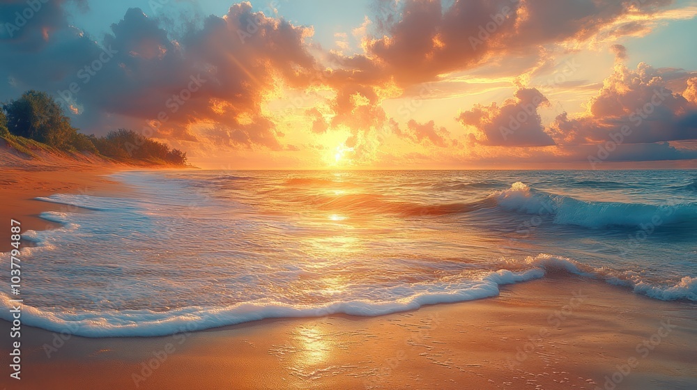 Serene sunset over a tranquil beach with gentle waves. Serene sunset over a tranquil beach with gentle waves.