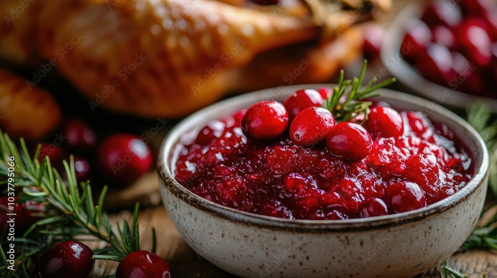 A small dish of bright red cranberry sauce with whole berries, placed beside a roast turkey on a Thanksgiving table A small dish of bright red cranberry sauce with whole berries, placed beside a roast turkey on a Thanksgiving table