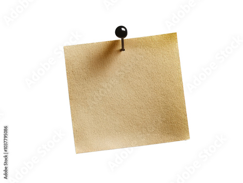 A textured beige sticky note pinned with a black thumbtack on a transparent background