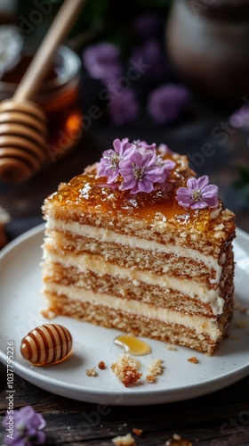 A honey cake served as thin layered slices fanned out on a white dish, with rich honey and cream layers accentuated by a purple background for a soft yet luxurious feel, and a honey drizzle