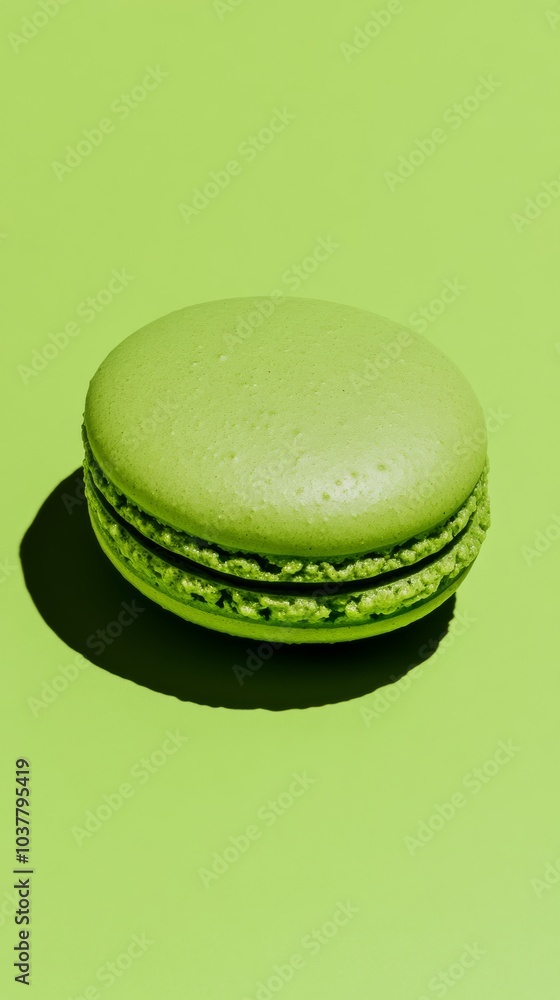 A matcha green tea macaron with a soft green shell and earthy matcha filling positioned on a bold lime green background, enhancing the subtle herbal flavor with vibrant color. A matcha green tea macaron with a soft green shell and earthy matcha filling positioned on a bold lime green background, enhancing the subtle herbal flavor with vibrant color.