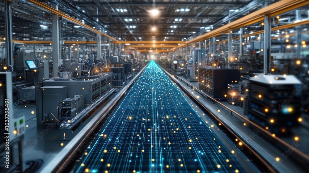 A futuristic factory interior with a digital pathway. A futuristic factory interior with a digital pathway.