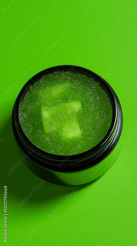A refreshing cucumber and aloe vera salt scrub with cool green salt crystals and fresh cucumber flecks in a sleek jar against a lime green background, highlighting its soothing hydrating properties. A refreshing cucumber and aloe vera salt scrub with cool green salt crystals and fresh cucumber flecks in a sleek jar against a lime green background, highlighting its soothing hydrating properties.
