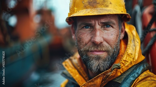 man with a rugged look, wearing a yellow hard hat and yellow rain jacket. He appears to be working outdoors, possibly in a construction or fishing environment.