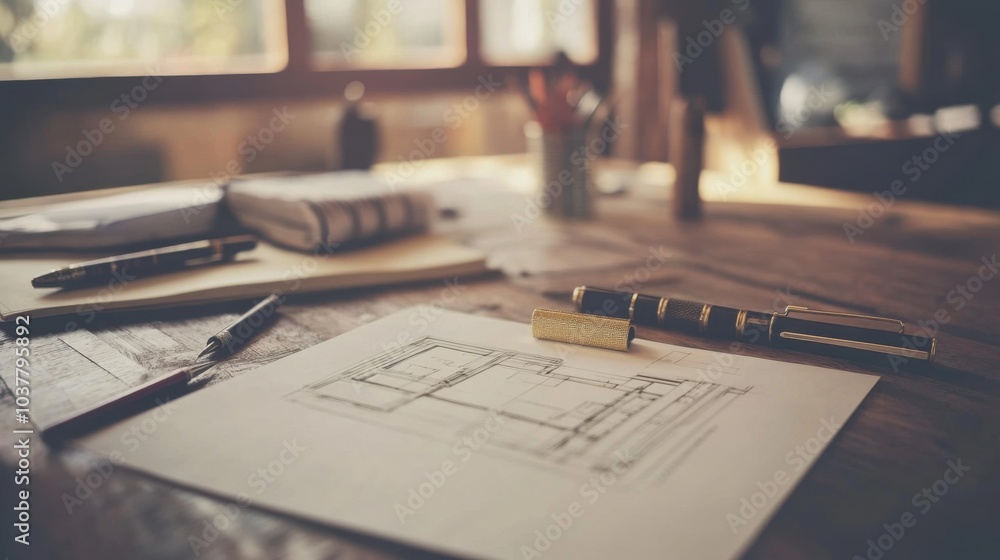 Workspace with architectural plans and drafting tools on a table. Workspace with architectural plans and drafting tools on a table.