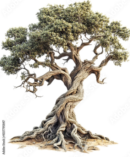 Large old tree with gnarled roots  on transparent background
