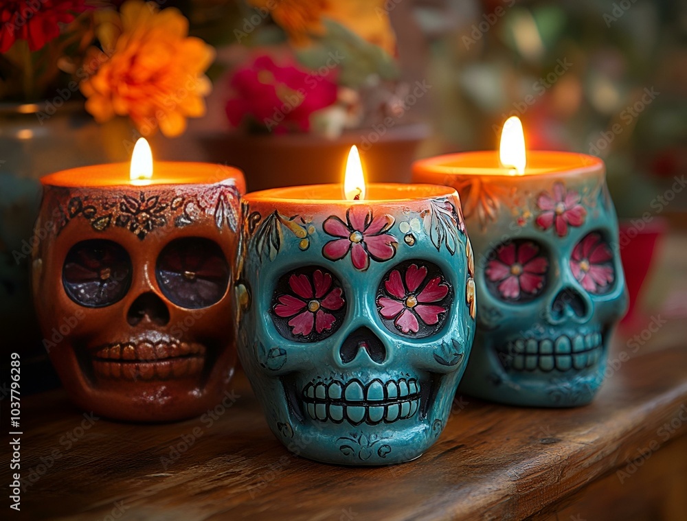 Collection of Skulls with Flickering Lit Candles.
Collection of Skulls with Flickering Lit Candles.