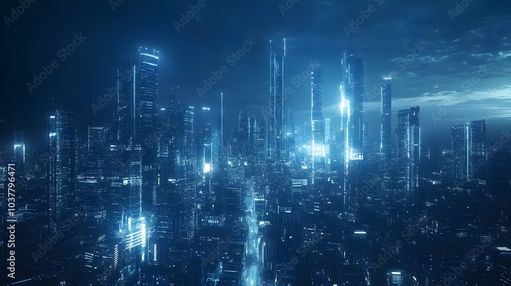 Business concept for information, communication , connection technology - panoramic modern city skyline bird eye aerial view under dramatic glow and beautiful dark blue sky.