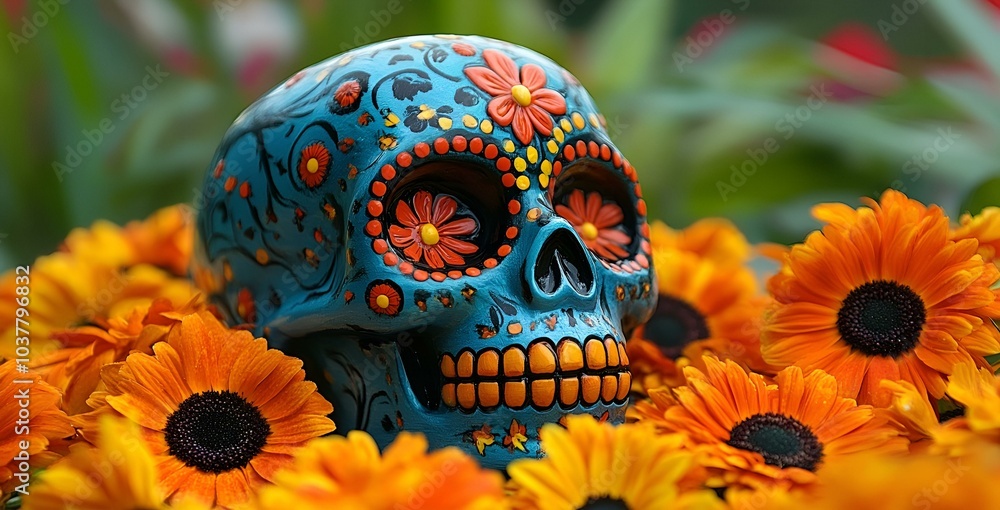 Blue Skull Adorned with Vibrant Orange Flowers in a Bold Display.
Blue Skull Adorned with Vibrant Orange Flowers in a Bold Display.