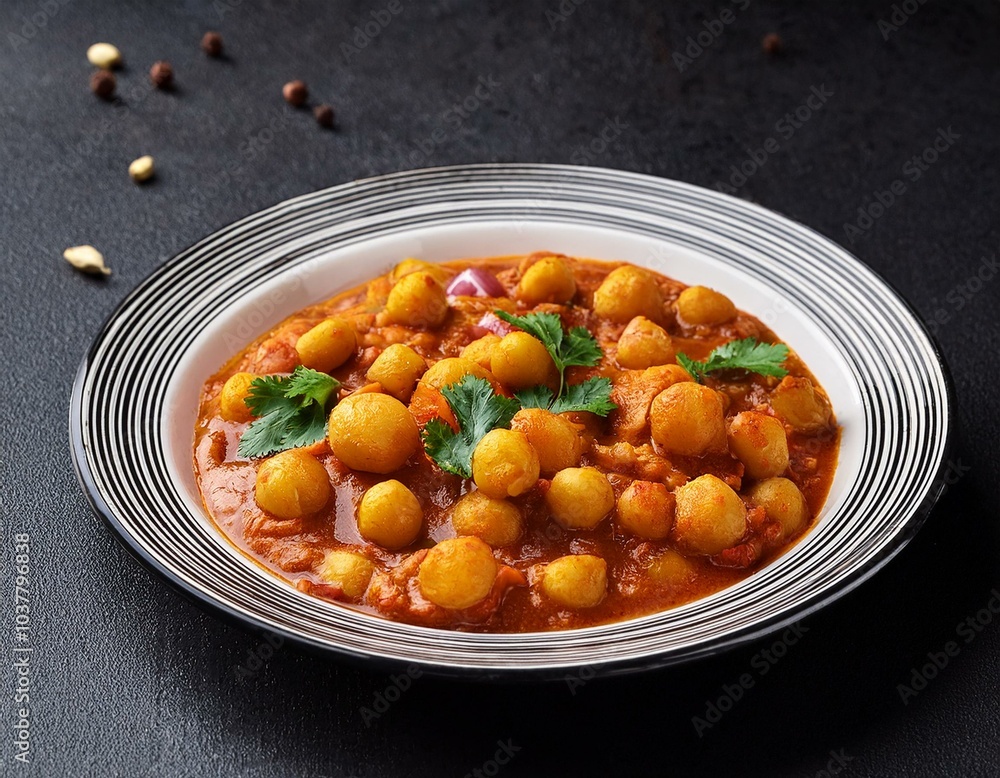 Chana Aloo Curry on a plate on a black table Chana Aloo Curry on a plate on a black table