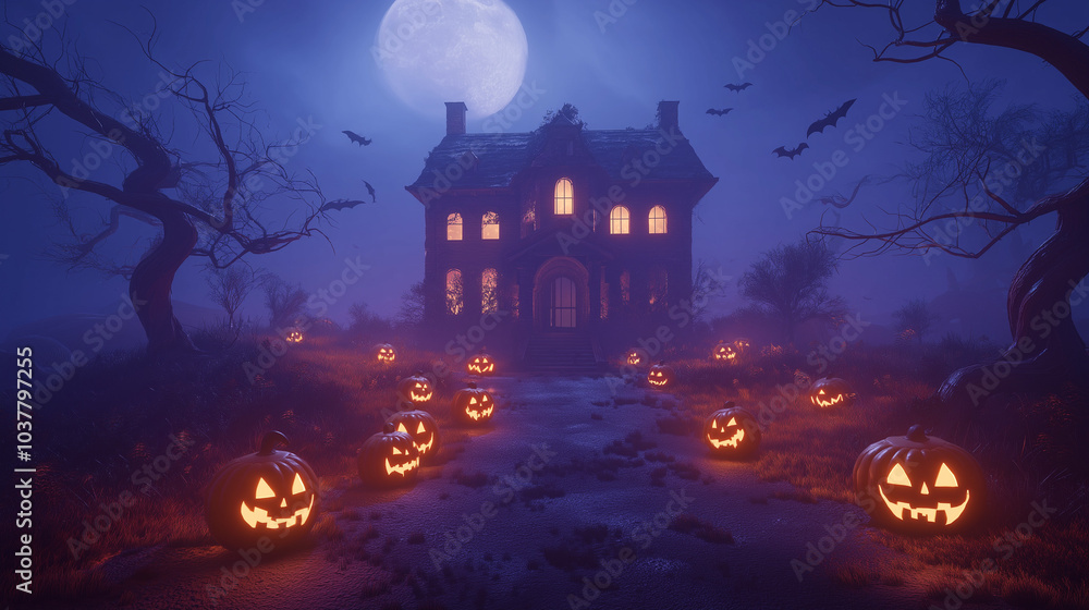 A spooky 3D Halloween scene of a haunted house at night A spooky 3D Halloween scene of a haunted house at night