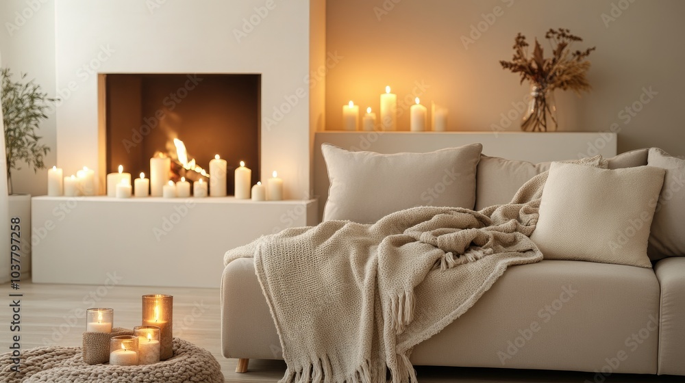 Beige sofa with plaid and fur cushion against of fireplace. Hygge, scandinavian interior design of modern living room Beige sofa with plaid and fur cushion against of fireplace. Hygge, scandinavian interior design of modern living room