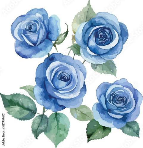 a watercolor painting of blue roses with leaves.