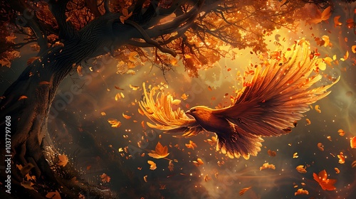 Autumn leaves turning into feathers and being carried away from a graceful tree