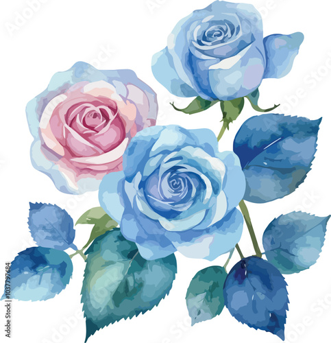 a watercolor painting of blue roses with leaves.