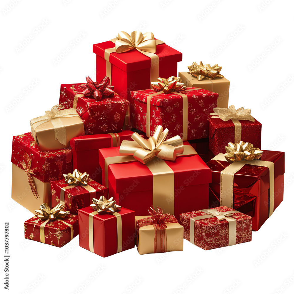 A stunning pile of red and gold wrapped Christmas gifts, perfect for festive holiday celebrations and winter decorations. A stunning pile of red and gold wrapped Christmas gifts, perfect for festive holiday celebrations and winter decorations.