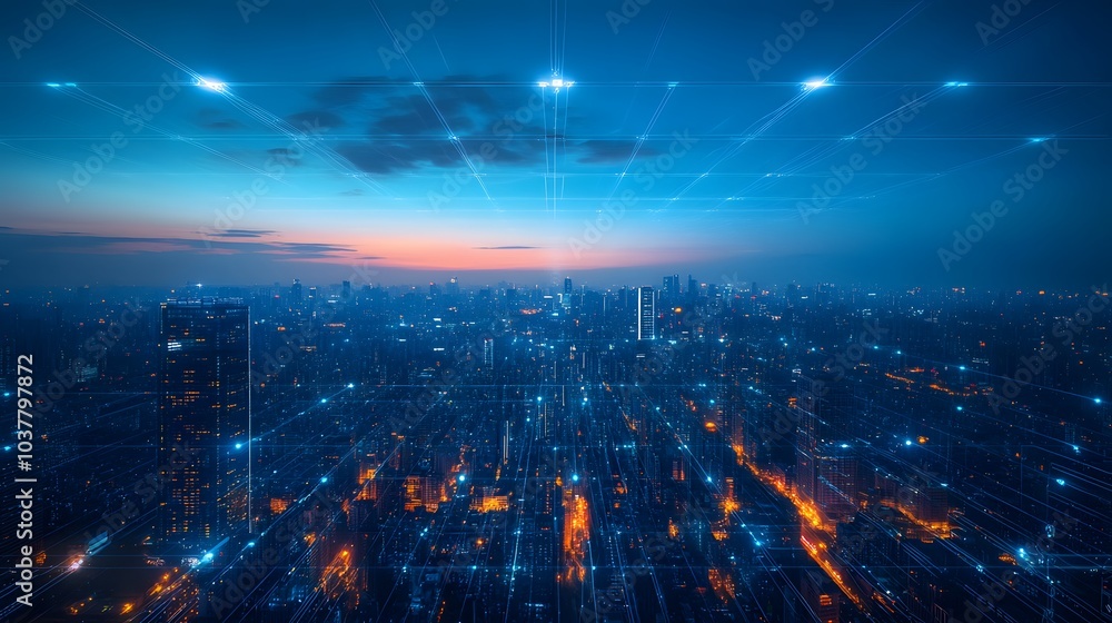 Fototapeta premium Business concept for information, communication , connection technology - panoramic modern city skyline bird eye aerial view under dramatic glow and beautiful dark blue sky.
