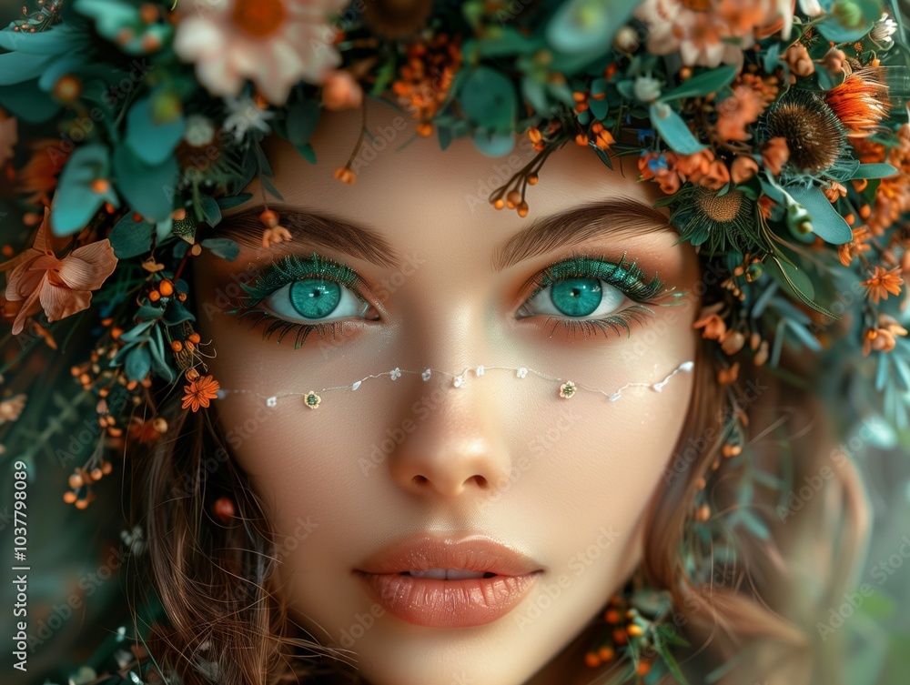 A young woman with vibrant eyes and floral crown poses outdoors surrounded by nature. Generative AI A young woman with vibrant eyes and floral crown poses outdoors surrounded by nature. Generative AI