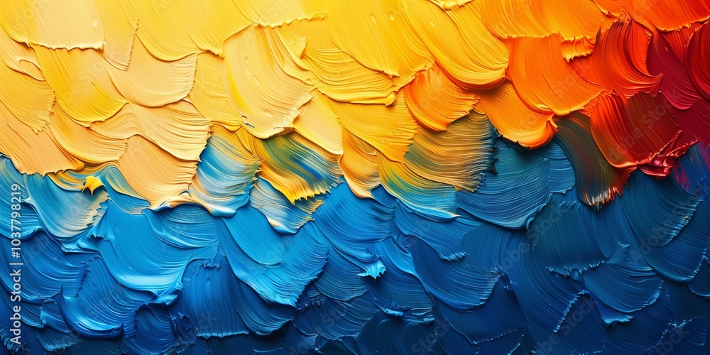Obraz premium Vibrant hues of orange and blue blend beautifully in textured acrylic painting. Generative AI
