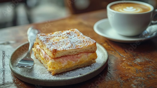 Croque Monsieur being served with a sprinkle of powdered sugar and a cup of coffee.  photo