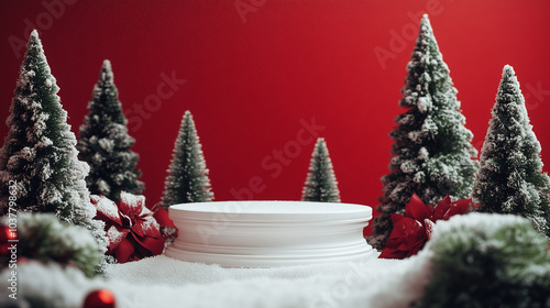 Christmas Day podium surrounded by festive greenery and decorations in a holiday setting