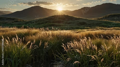 Animation of Gentle Wind Currents in Reed Grass. Soft winds flowing serenely over reed grass fields. Realistic motion photo