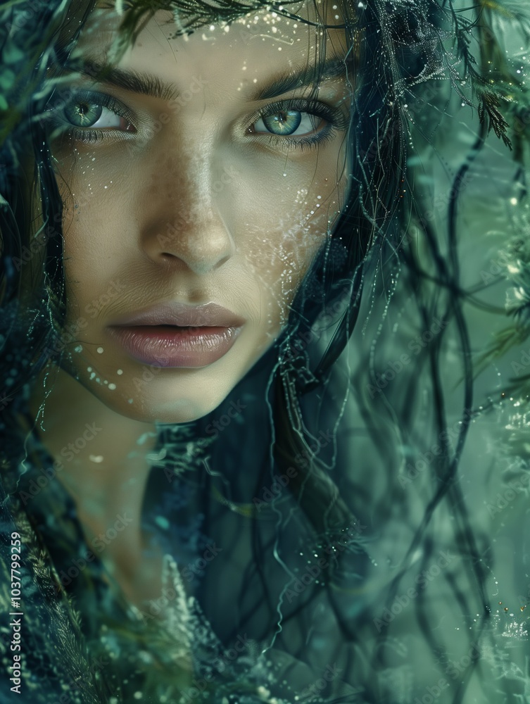 A woman with flowing hair submerged in water surrounded by aquatic plants. Generative AI A woman with flowing hair submerged in water surrounded by aquatic plants. Generative AI