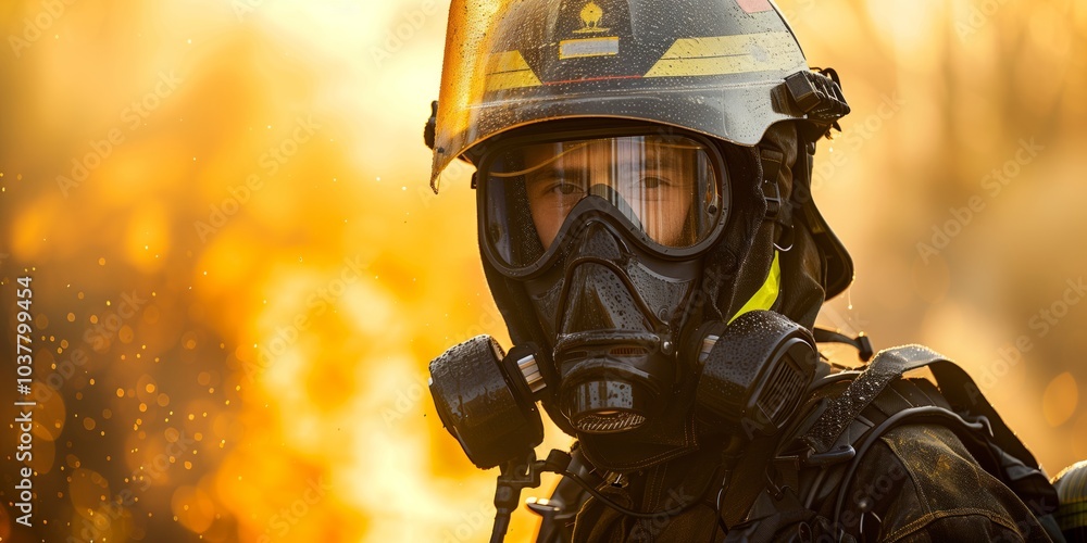 Firefighter wearing protective gear combating wildfire during golden hour. Generative AI Firefighter wearing protective gear combating wildfire during golden hour. Generative AI