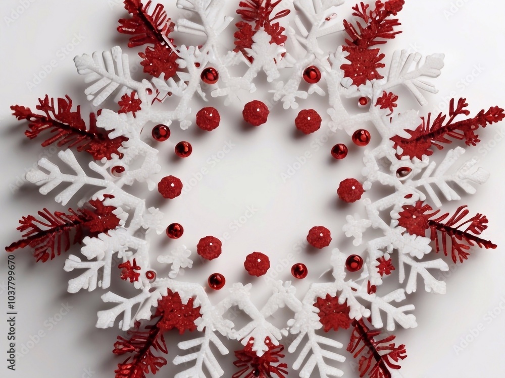 Red christmas background, Winter Snowflake Wreath, round frame snowflakes on a white background. Decoration for New Year Christmas 2025 Red christmas background, Winter Snowflake Wreath, round frame snowflakes on a white background. Decoration for New Year Christmas 2025